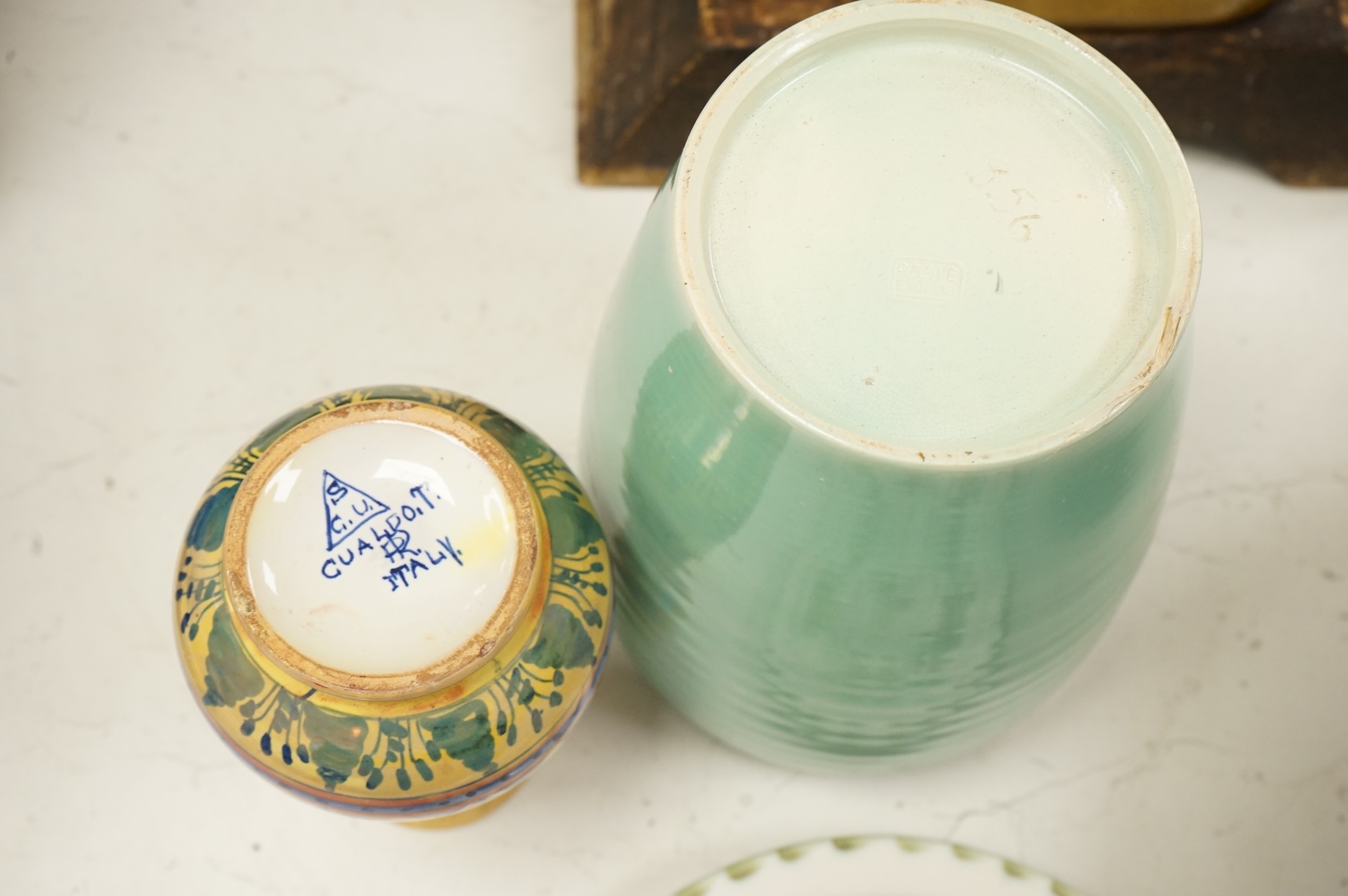 A collection of ceramics to include a Poole turquoise vase, modernist elephant and Santo Stefano di Camastra vase, largest 37cm high